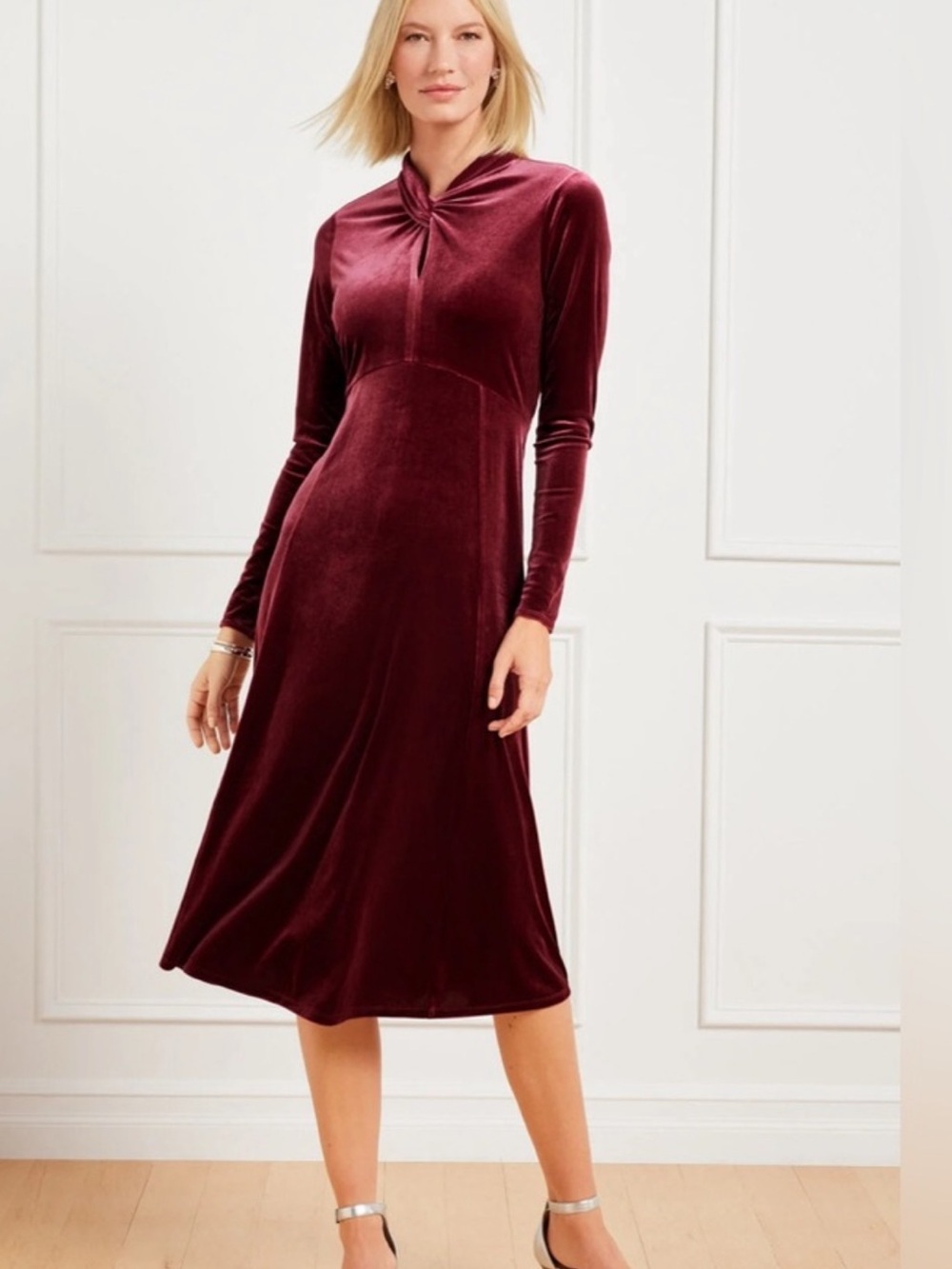 Talbots Burgundy Velvet Twist-Neck Midi Dress